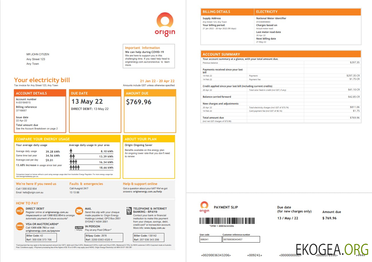 Australia Origin utility bill, Word and PDF template, 4 pages 1 2